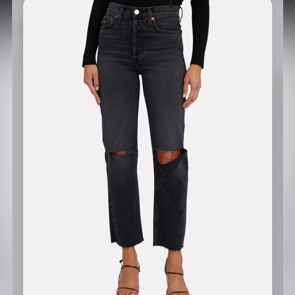 RE/DONE 70s Stove Pipe Black Straight 
Raw-Hem High-Rise Distressed Jeans 24 - Picture 14 of 14